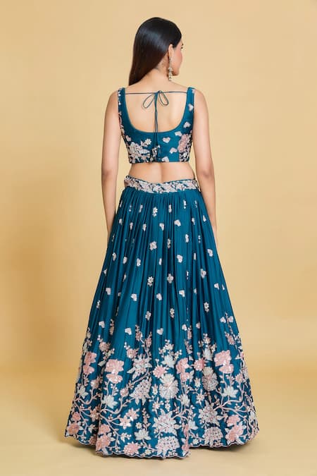 Shop Samyukta Singhania Blue Polyester, Organza Sequins, Zari, Embroidery V-neck Pleated Lehenga Set at Aza Fashions Shop_Samyukta Singhania_Blue Polyester, Organza Sequins, Zari, Embroidery V-neck Pleated Lehenga Set _at_Aza_Fashions