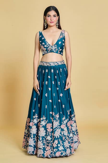 Samyukta Singhania Blue Polyester, Organza Sequins, Zari, Embroidery V-neck Pleated Lehenga Set Online at Aza Fashions Samyukta Singhania_Blue Polyester, Organza Sequins, Zari, Embroidery V-neck Pleated Lehenga Set _Online_at_Aza_Fashions