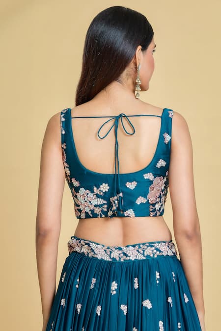 Shop Samyukta Singhania Blue Polyester, Organza Sequins, Zari, Embroidery V-neck Pleated Lehenga Set Online at Aza Fashions Shop_Samyukta Singhania_Blue Polyester, Organza Sequins, Zari, Embroidery V-neck Pleated Lehenga Set _Online_at_Aza_Fashions