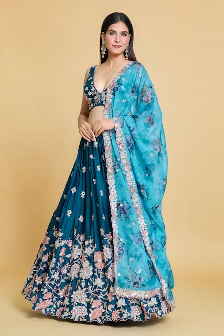 Shop Samyukta Singhania Blue Polyester, Organza Sequins, Zari, Embroidery V-neck Pleated Lehenga Set Shop_Samyukta Singhania_Blue Polyester, Organza Sequins, Zari, Embroidery V-neck Pleated Lehenga Set