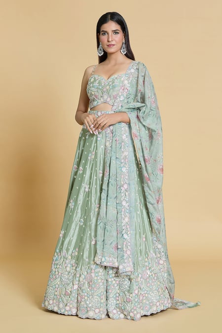 Samyukta Singhania Green Lehenga And Blouse Silk Chiffon Embroidery Thread Sweetheart Cutdana Set 