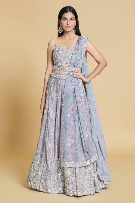 Buy Samyukta Singhania Purple Silk, Chiffon, Organza Cut Work, Sequins, Embroidery Lehenga Blouse Set Buy_Samyukta Singhania_Purple Silk, Chiffon, Organza Cut Work, Sequins, Embroidery Lehenga Blouse Set