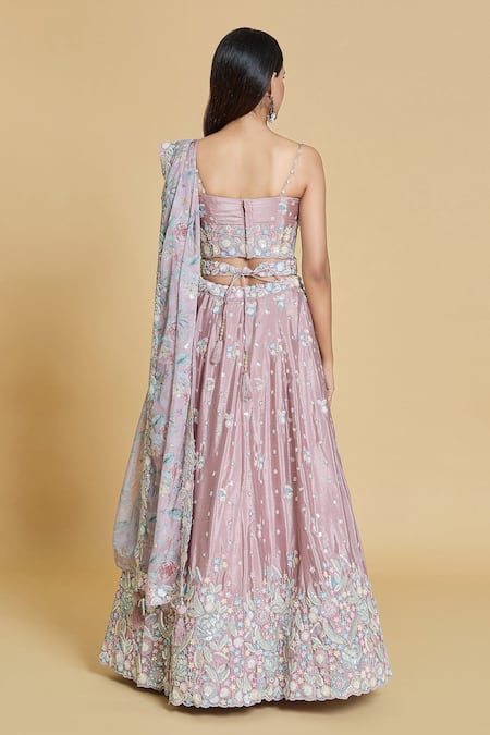 Shop_Samyukta Singhania_Rose Gold Silk, Chiffon, Organza Cut Work, Sequins, Thread And Lehenga Set _at_Aza_Fashions