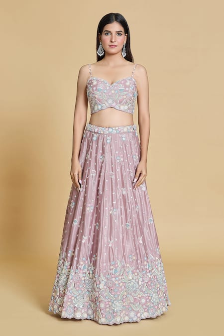 Samyukta Singhania_Rose Gold Silk, Chiffon, Organza Cut Work, Sequins, Thread And Lehenga Set _Online_at_Aza_Fashions