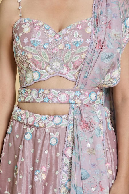 Buy_Samyukta Singhania_Rose Gold Silk, Chiffon, Organza Cut Work, Sequins, Thread And Lehenga Set _Online_at_Aza_Fashions