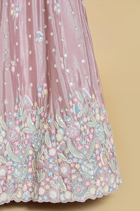 Shop_Samyukta Singhania_Rose Gold Silk, Chiffon, Organza Cut Work, Sequins, Thread And Lehenga Set _Online_at_Aza_Fashions