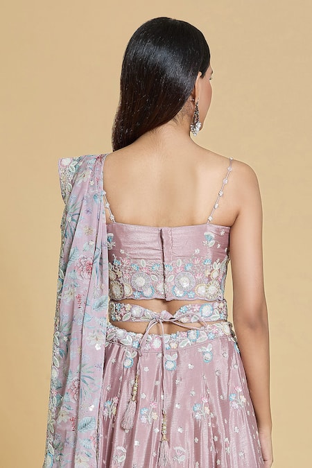 Samyukta Singhania_Rose Gold Silk, Chiffon, Organza Cut Work, Sequins, Thread And Lehenga Set _at_Aza_Fashions