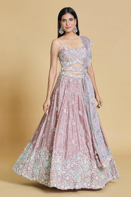 Buy_Samyukta Singhania_Rose Gold Silk, Chiffon, Organza Cut Work, Sequins, Thread And Lehenga Set 