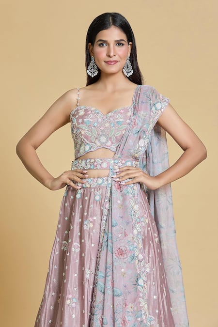 Shop_Samyukta Singhania_Rose Gold Silk, Chiffon, Organza Cut Work, Sequins, Thread And Lehenga Set 