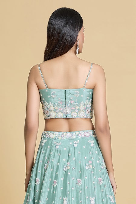 Samyukta Singhania Green Silk, Chiffon, Organza Embroidery, Cut Work, Cutdana Lehenga Blouse Set Online at Aza Fashions Samyukta Singhania_Green Silk, Chiffon, Organza Embroidery, Cut Work, Cutdana Lehenga Blouse Set _Online_at_Aza_Fashions