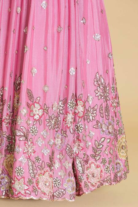 Samyukta Singhania_Pink Silk, Chiffon, Organza Embroidery, Sequins, Stones Floral Lehenga Set_Online_at_Aza_Fashions