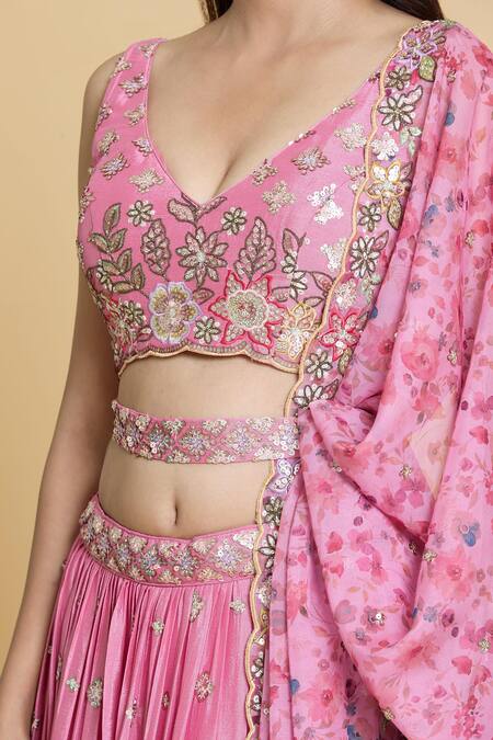 Buy_Samyukta Singhania_Pink Silk, Chiffon, Organza Embroidery, Sequins, Stones Floral Lehenga Set_Online_at_Aza_Fashions