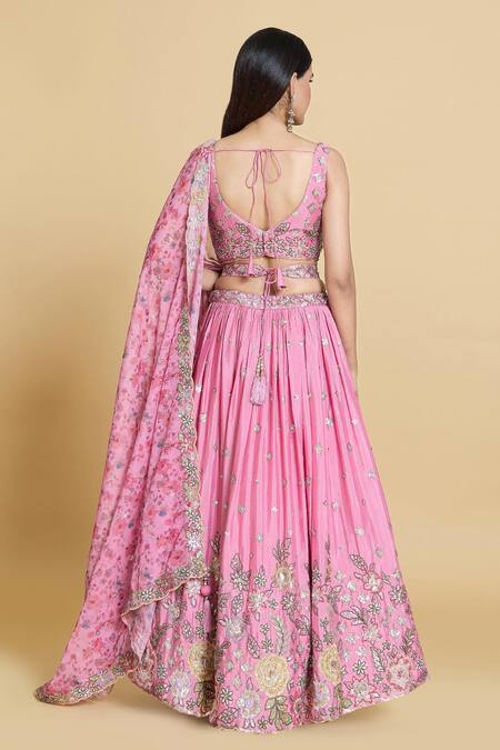 Shop_Samyukta Singhania_Pink Silk, Chiffon, Organza Embroidery, Sequins, Stones Floral Lehenga Set_Online_at_Aza_Fashions
