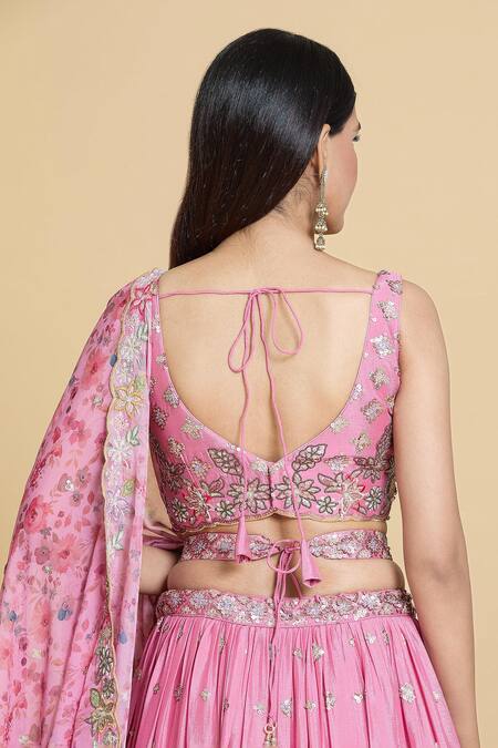 Samyukta Singhania_Pink Silk, Chiffon, Organza Embroidery, Sequins, Stones Floral Lehenga Set_at_Aza_Fashions