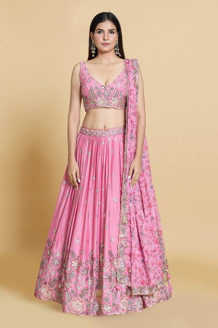 Shop_Samyukta Singhania_Pink Silk, Chiffon, Organza Embroidery, Sequins, Stones Floral Lehenga Set