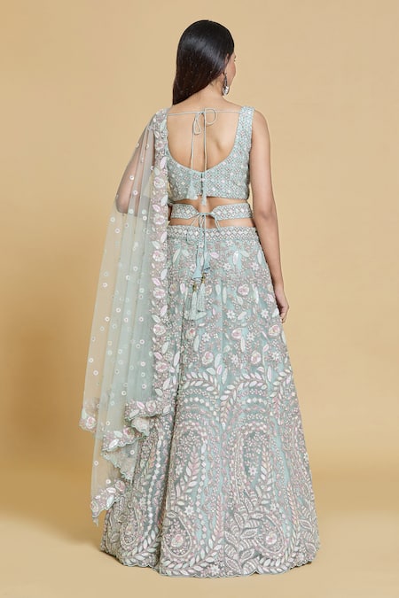 Shop Samyukta Singhania Green Net, Linen Sequins, Stones, Embroidery Polo Floral Garden Lehenga Set at Aza Fashions Shop_Samyukta Singhania_Green Net, Linen Sequins, Stones, Embroidery Polo Floral Garden Lehenga Set _at_Aza_Fashions