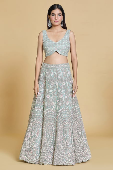 Samyukta Singhania Green Net, Linen Sequins, Stones, Embroidery Polo Floral Garden Lehenga Set Online at Aza Fashions Samyukta Singhania_Green Net, Linen Sequins, Stones, Embroidery Polo Floral Garden Lehenga Set _Online_at_Aza_Fashions