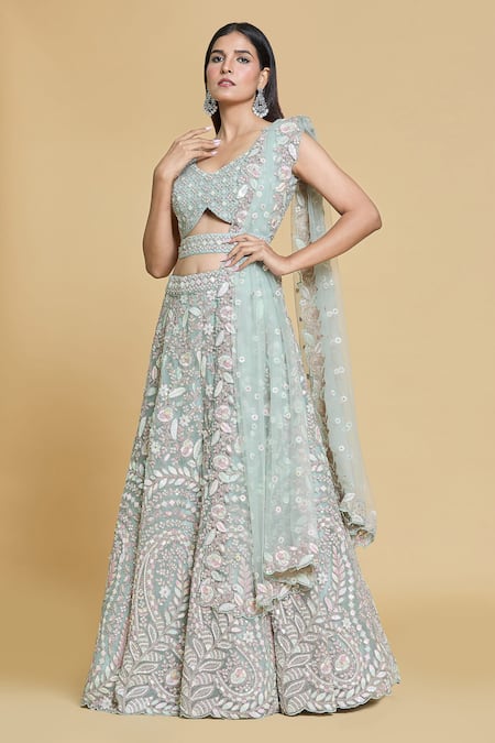 Buy Samyukta Singhania Green Net, Linen Sequins, Stones, Embroidery Polo Floral Garden Lehenga Set Online at Aza Fashions Buy_Samyukta Singhania_Green Net, Linen Sequins, Stones, Embroidery Polo Floral Garden Lehenga Set _Online_at_Aza_Fashions