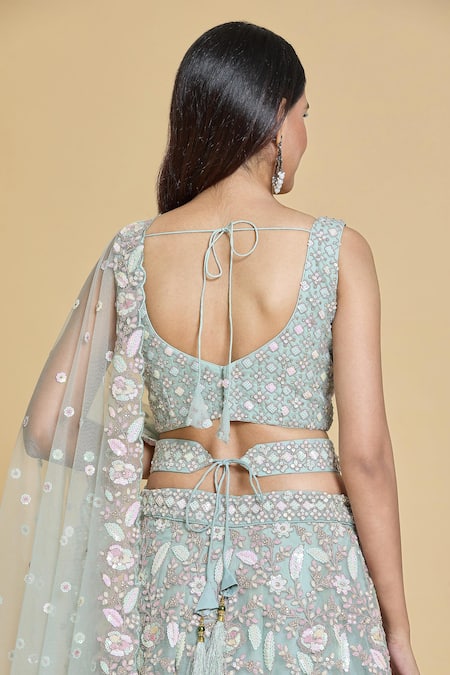 Shop Samyukta Singhania Green Net, Linen Sequins, Stones, Embroidery Polo Floral Garden Lehenga Set Online at Aza Fashions Shop_Samyukta Singhania_Green Net, Linen Sequins, Stones, Embroidery Polo Floral Garden Lehenga Set _Online_at_Aza_Fashions
