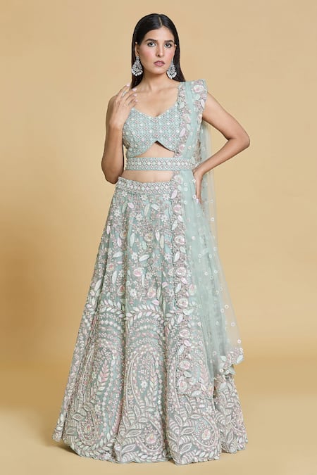 Samyukta Singhania Green Net, Linen Sequins, Stones, Embroidery Polo Floral Garden Lehenga Set at Aza Fashions Samyukta Singhania_Green Net, Linen Sequins, Stones, Embroidery Polo Floral Garden Lehenga Set _at_Aza_Fashions