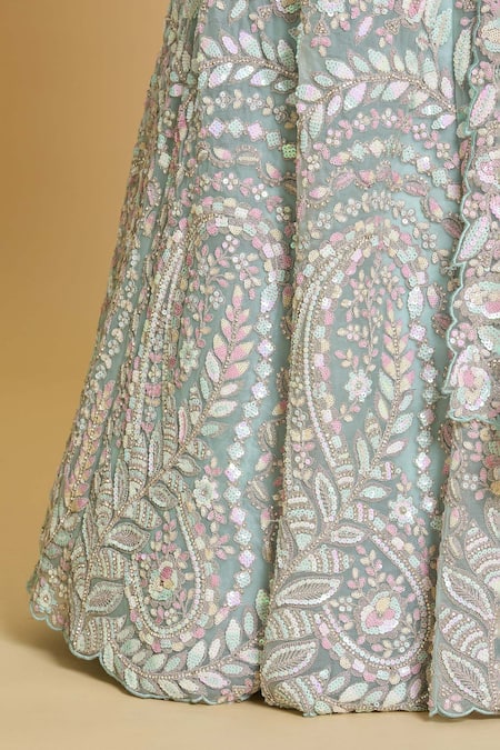 Shop Samyukta Singhania Green Net, Linen Sequins, Stones, Embroidery Polo Floral Garden Lehenga Set Shop_Samyukta Singhania_Green Net, Linen Sequins, Stones, Embroidery Polo Floral Garden Lehenga Set