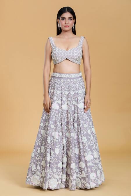 Samyukta Singhania_Purple Polyester, Net, Cotton Sequins, Zari, Embroidery Flower Lehenga Set_Online_at_Aza_Fashions