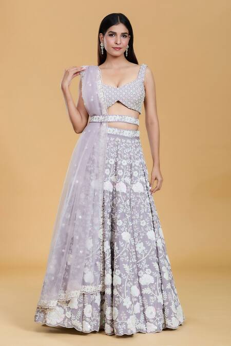 Buy_Samyukta Singhania_Purple Polyester, Net, Cotton Sequins, Zari, Embroidery Flower Lehenga Set_Online_at_Aza_Fashions