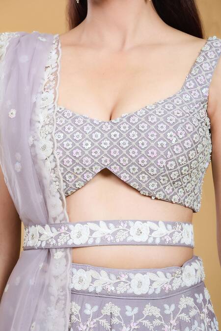 Shop_Samyukta Singhania_Purple Polyester, Net, Cotton Sequins, Zari, Embroidery Flower Lehenga Set_Online_at_Aza_Fashions