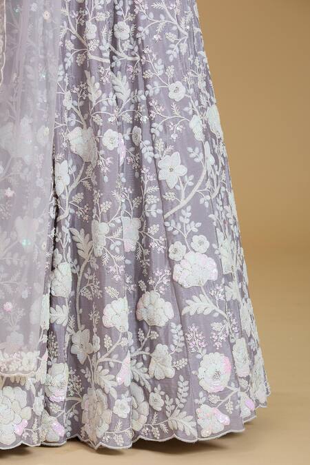 Shop_Samyukta Singhania_Purple Polyester, Net, Cotton Sequins, Zari, Embroidery Flower Lehenga Set