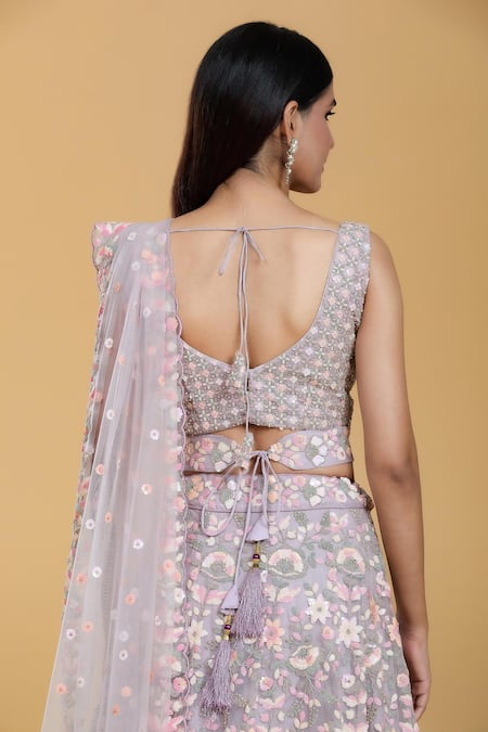 Buy_Samyukta Singhania_Purple Net Sequins, Embroidery, Beads V-neck Floral Lehenga Set _Online_at_Aza_Fashions