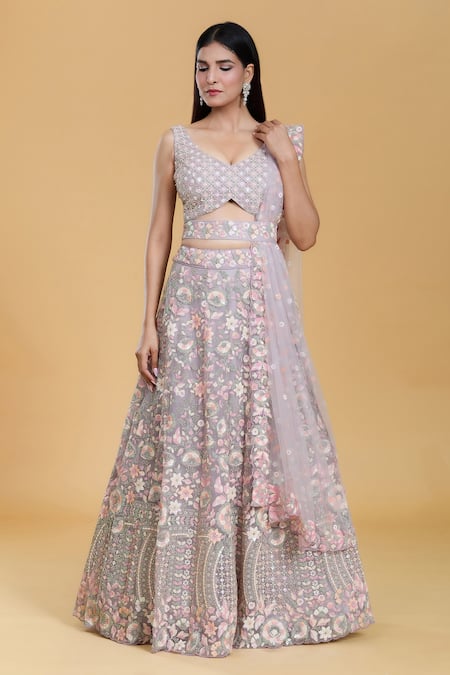Shop_Samyukta Singhania_Purple Net Sequins, Embroidery, Beads V-neck Floral Lehenga Set _Online_at_Aza_Fashions