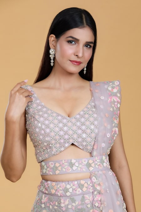 Samyukta Singhania_Purple Net Sequins, Embroidery, Beads V-neck Floral Lehenga Set _at_Aza_Fashions