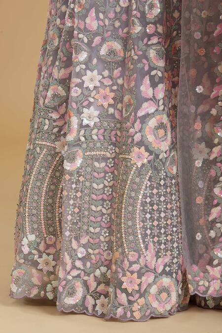 Shop_Samyukta Singhania_Purple Net Sequins, Embroidery, Beads V-neck Floral Lehenga Set 