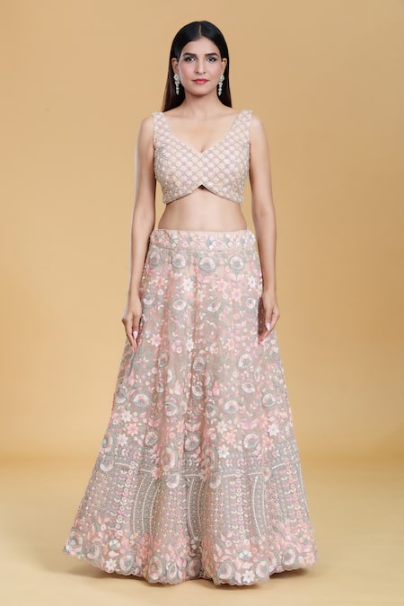 Samyukta Singhania_Peach Net, Linen Sequins, Stones, Embroidery V-neck Floral Garden Lehenga Set _Online_at_Aza_Fashions
