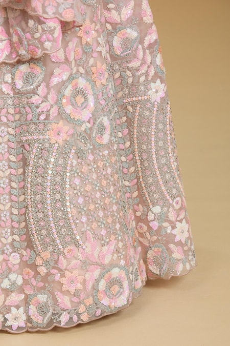 Buy_Samyukta Singhania_Peach Net, Linen Sequins, Stones, Embroidery V-neck Floral Garden Lehenga Set _Online_at_Aza_Fashions
