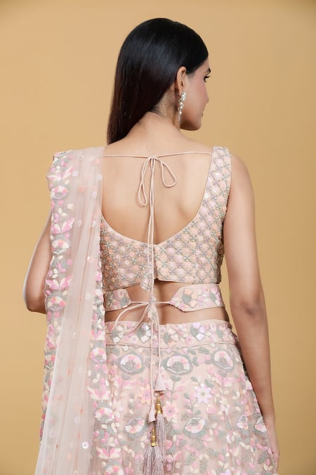 Shop_Samyukta Singhania_Peach Net, Linen Sequins, Stones, Embroidery V-neck Floral Garden Lehenga Set _Online_at_Aza_Fashions
