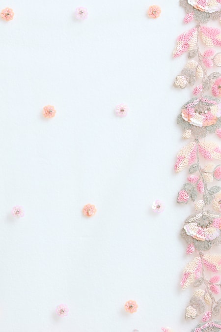 Samyukta Singhania_Peach Net, Linen Sequins, Stones, Embroidery V-neck Floral Garden Lehenga Set _at_Aza_Fashions