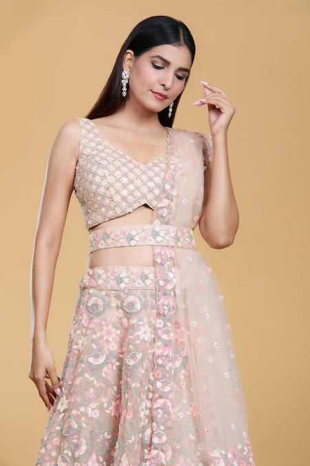 Shop_Samyukta Singhania_Peach Net, Linen Sequins, Stones, Embroidery V-neck Floral Garden Lehenga Set 