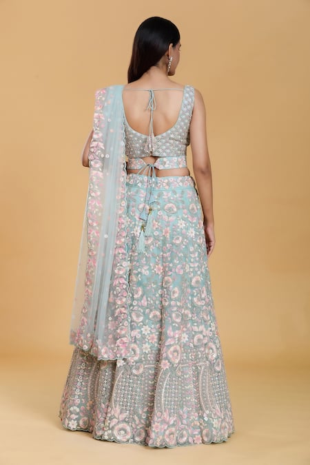 Shop Samyukta Singhania Green Net, Linen Sequins, Stones, Embroidery V-neck Flower Garden Lehenga Set at Aza Fashions Shop_Samyukta Singhania_Green Net, Linen Sequins, Stones, Embroidery V-neck Flower Garden Lehenga Set _at_Aza_Fashions
