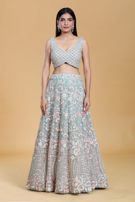 Samyukta Singhania Green Net, Linen Sequins, Stones, Embroidery V-neck Flower Garden Lehenga Set Online at Aza Fashions Samyukta Singhania_Green Net, Linen Sequins, Stones, Embroidery V-neck Flower Garden Lehenga Set _Online_at_Aza_Fashions