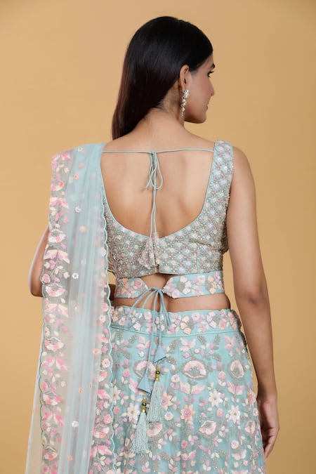 Shop Samyukta Singhania Green Net, Linen Sequins, Stones, Embroidery V-neck Flower Garden Lehenga Set Online at Aza Fashions Shop_Samyukta Singhania_Green Net, Linen Sequins, Stones, Embroidery V-neck Flower Garden Lehenga Set _Online_at_Aza_Fashions