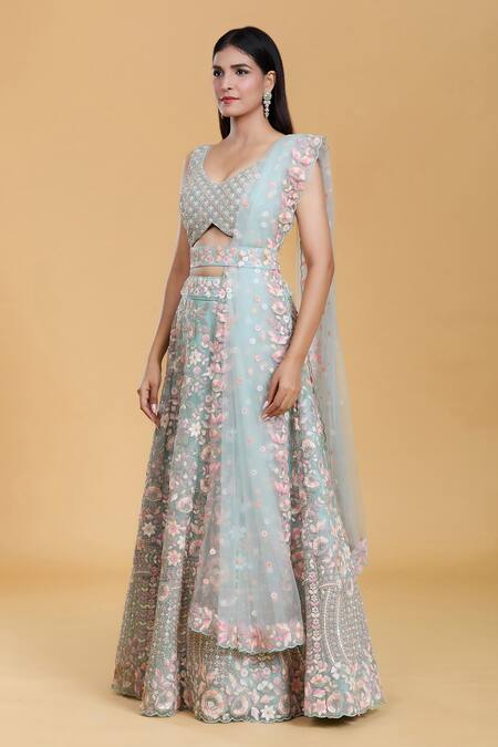 Shop Samyukta Singhania Green Net, Linen Sequins, Stones, Embroidery V-neck Flower Garden Lehenga Set Shop_Samyukta Singhania_Green Net, Linen Sequins, Stones, Embroidery V-neck Flower Garden Lehenga Set