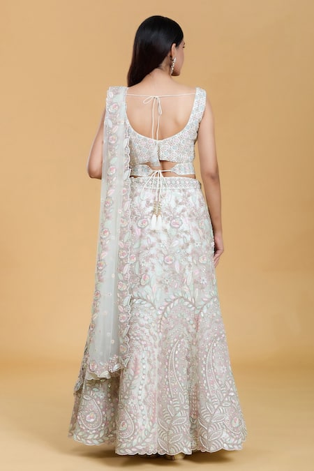 Shop_Samyukta Singhania_Cream Net, Linen Sequins, Zari, Embroidery V-neck Flower Lehenga Set _at_Aza_Fashions