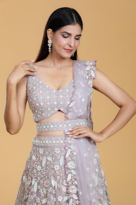 Buy_Samyukta Singhania_Purple Net, Linen Embroidery, Sequins, Zari V-neck Flower Bloom Lehenga Set _Online_at_Aza_Fashions