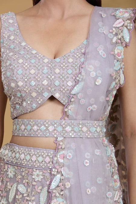 Shop_Samyukta Singhania_Purple Net, Linen Embroidery, Sequins, Zari V-neck Flower Bloom Lehenga Set _Online_at_Aza_Fashions