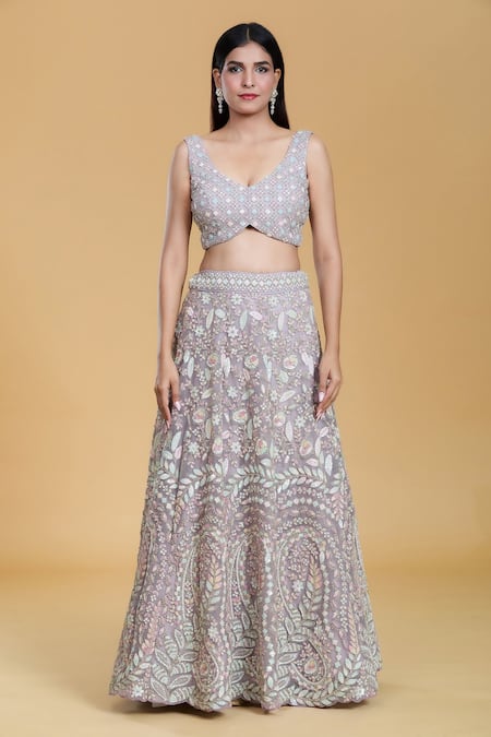 Buy_Samyukta Singhania_Purple Net, Linen Embroidery, Sequins, Zari V-neck Flower Bloom Lehenga Set 