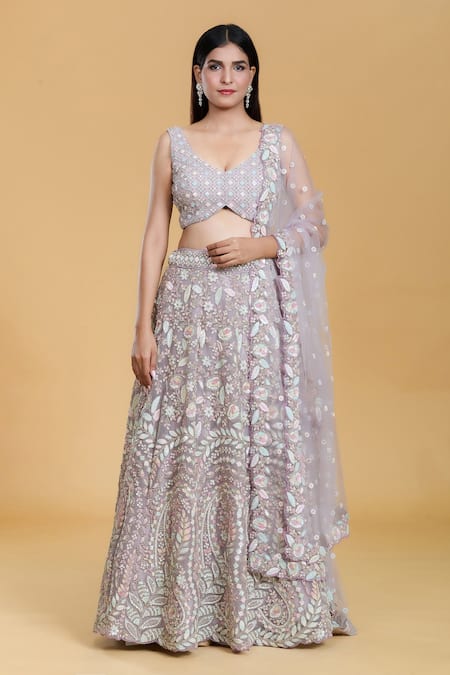 Shop_Samyukta Singhania_Purple Net, Linen Embroidery, Sequins, Zari V-neck Flower Bloom Lehenga Set 