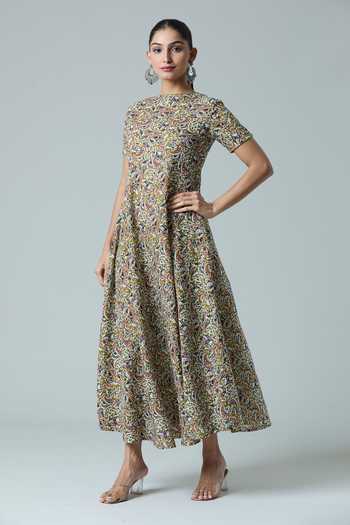 SCSAlgin Womens Plus Size Floral Print Dress Casual Long Sleeve Empire Waist Dresses Loose Swing Midi Dress With Pockets