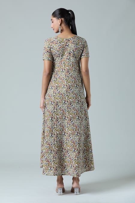 Shop_Naintara Bajaj_Multi Color Cotton Round Neck Paisley Print Dress _at_Aza_Fashions