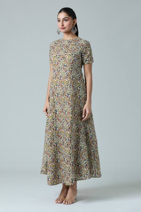 Buy_Naintara Bajaj_Multi Color Cotton Round Neck Paisley Print Dress _Online_at_Aza_Fashions